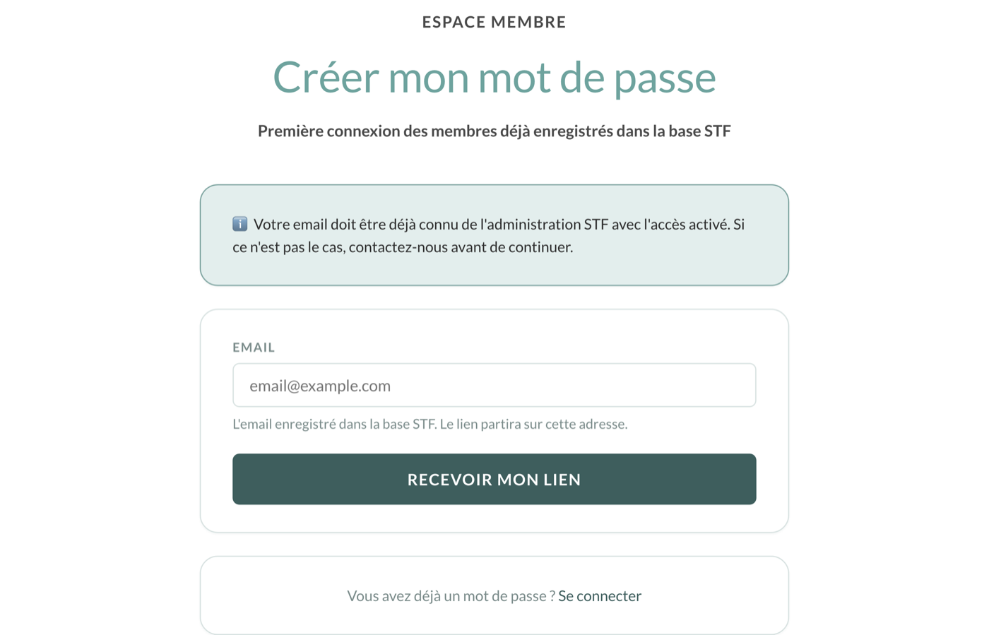 Formulaire « Créer mon mot de passe » : un seul champ Email et le bouton « Recevoir mon lien ».