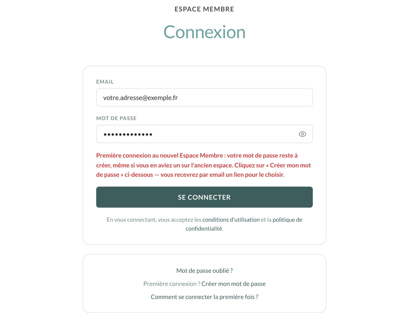 Page de connexion affichant le message « Email ou mot de passe incorrect », avec le rappel de la premiÚre connexion.
