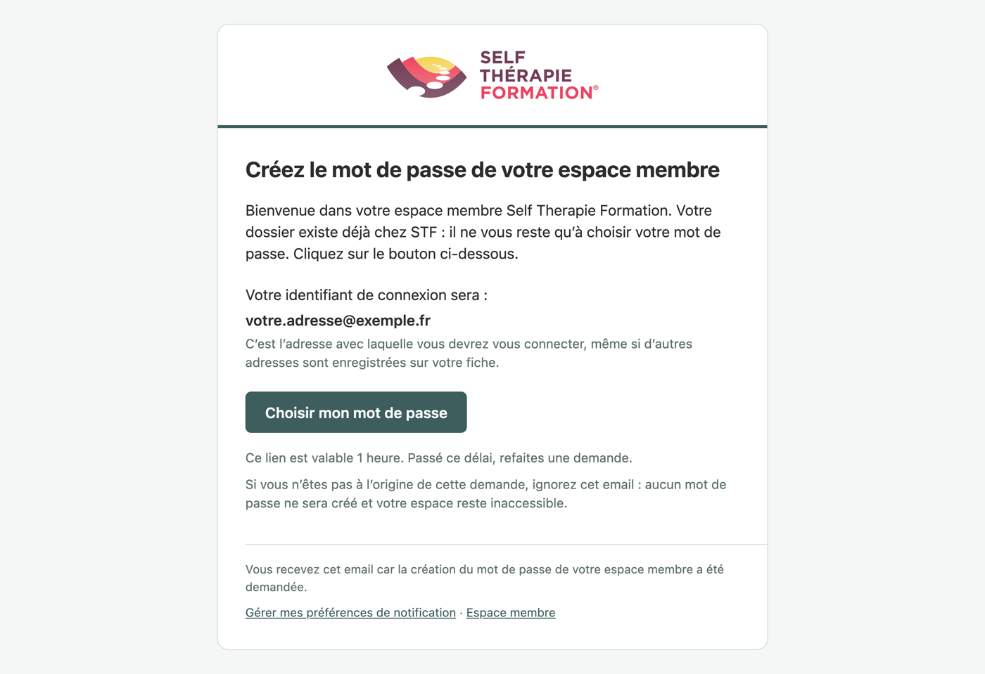 Le courriel reçu, avec le bouton « Choisir mon mot de passe » et le rappel de l'identifiant de connexion.