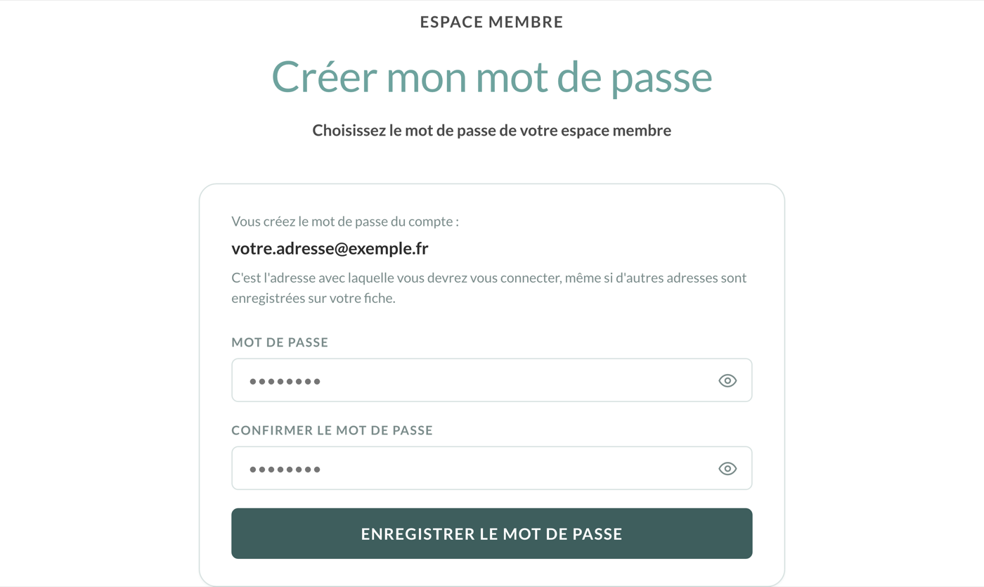 Ăcran de choix du mot de passe : l'adresse du compte, puis les deux champs et le bouton « Enregistrer le mot de passe ».